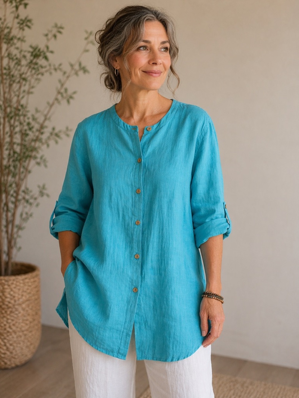Flax Turquoise Button-Front Linen Tunic